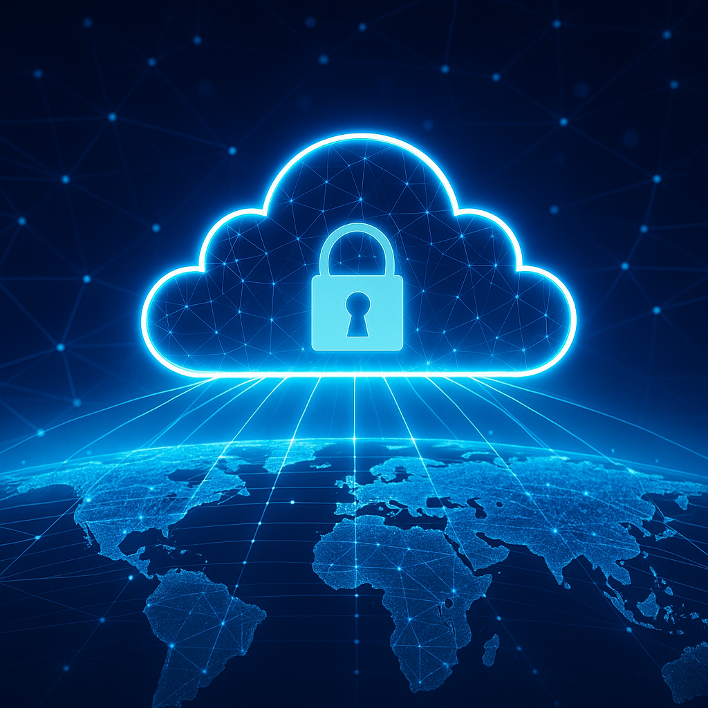 Secure cloud computing icon with lock overlay, illustrating global cybersecurity and data protection across networks.